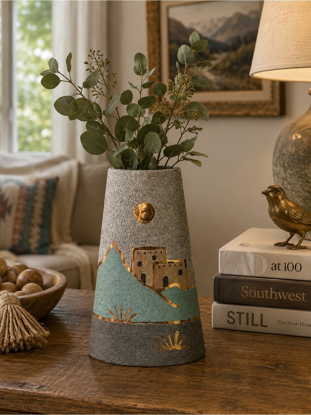Southwestern Ceramic Art Vase with Gold Accents